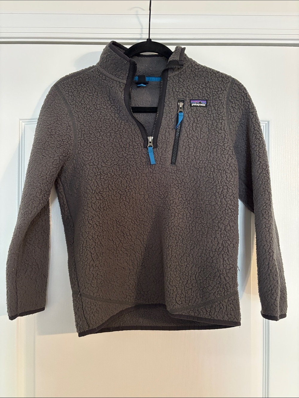 Patagonia Kid’s Dark Gray Sherpa Quarter-Zip Pullover with Blue Accents